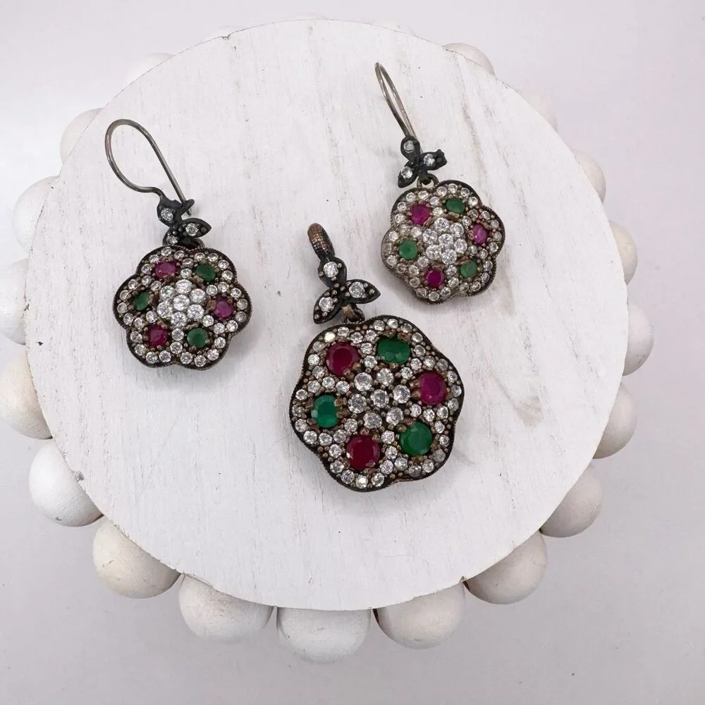 Ruby And Emerald Sterling Silver And Brass Turkish Flower Earrings And Pendant